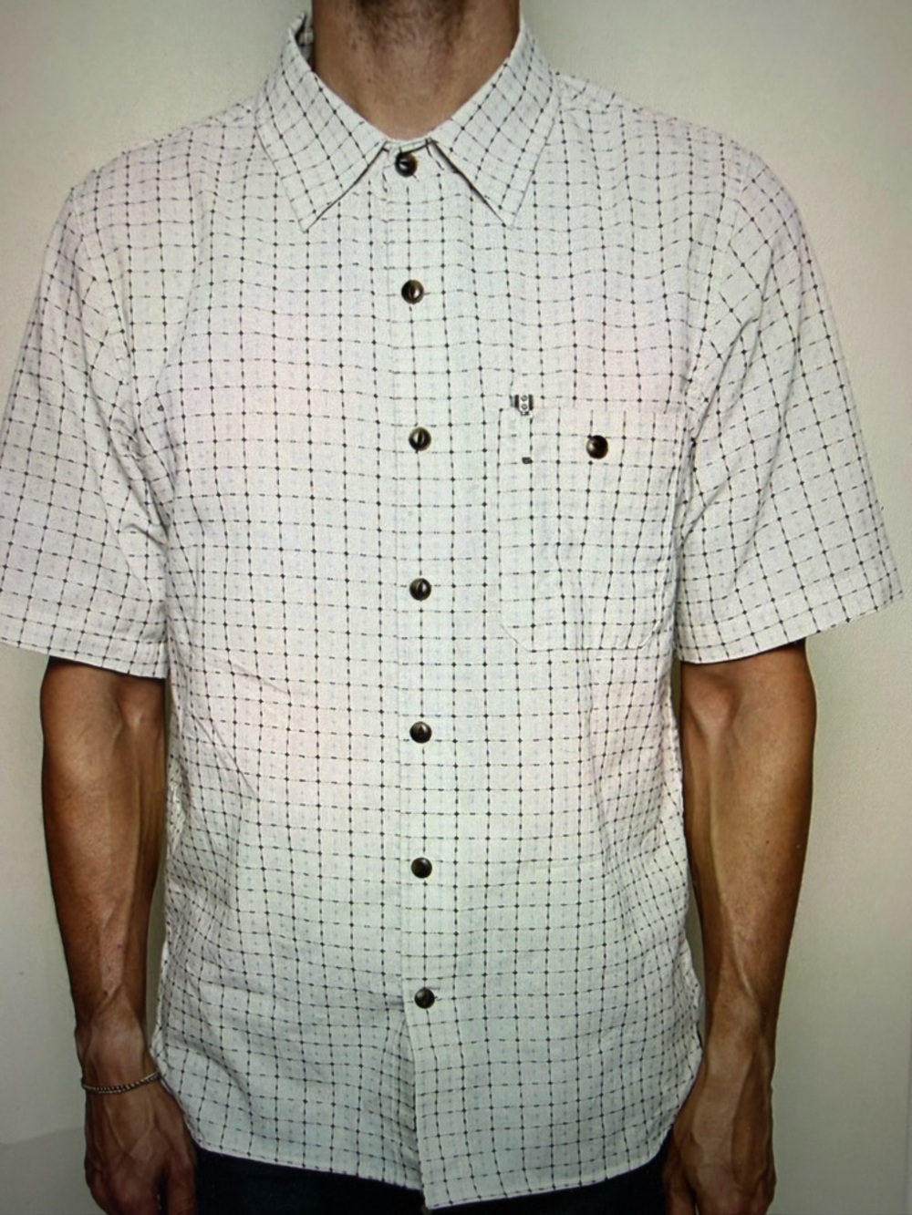 Rogue Territory Cream Button-Up Shirt with Navy Grid